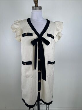 EUC! Voy Cream/ Black Ribbon Detailed Tweed Mini Dress Size M